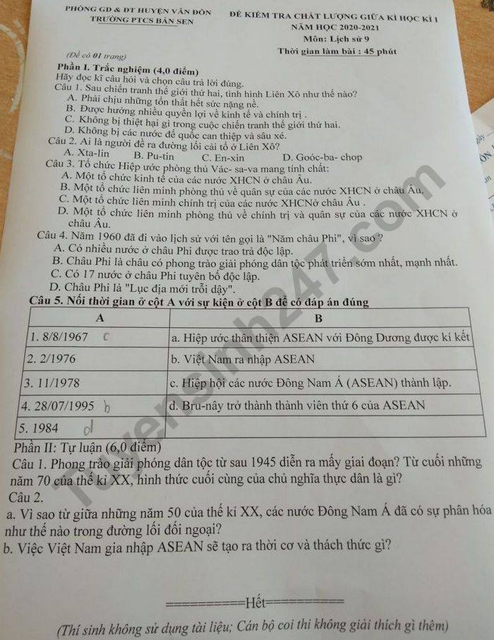 De kiem tra giua HK1 nam 2020 PTCS Ban Sen mon Su lop 9