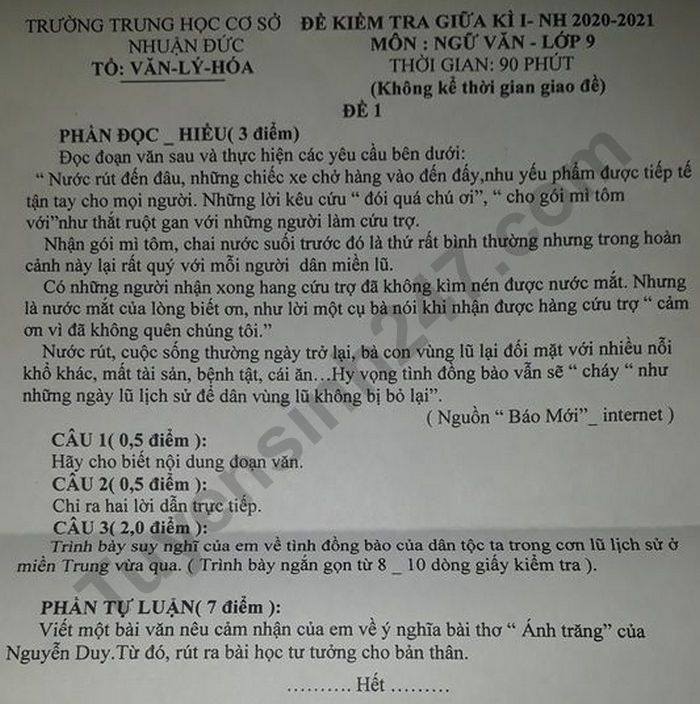 De kiem tra giua HK1 nam 2020 THCS Nhuan Duc mon Van lop 9