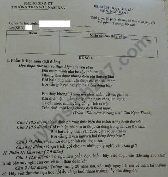 De kiem tra giua HK1 nam 2020 THCS So 1 Nam Xay mon Van lop 9