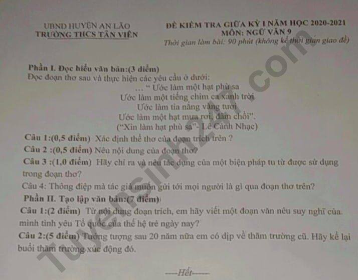 De kiem tra giua HK1 nam 2020 THCS Tan Vien mon Van lop 9