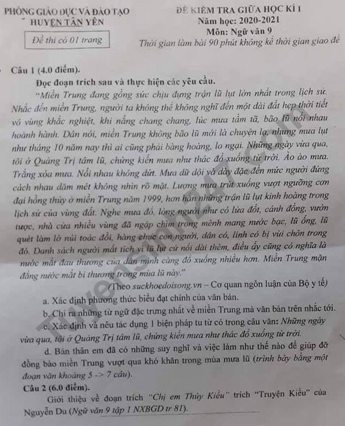 De kiem tra giua HK1 Van lop 9 nam 2020 THCS Tan Yen