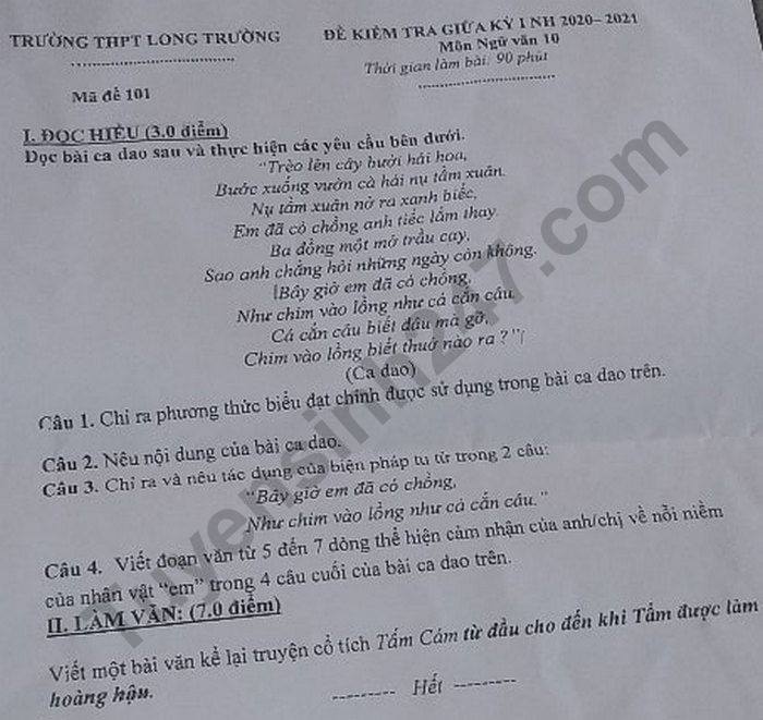 De kiem tra giua HK1 nam 2020 Van lop 10 THPT Long Truong