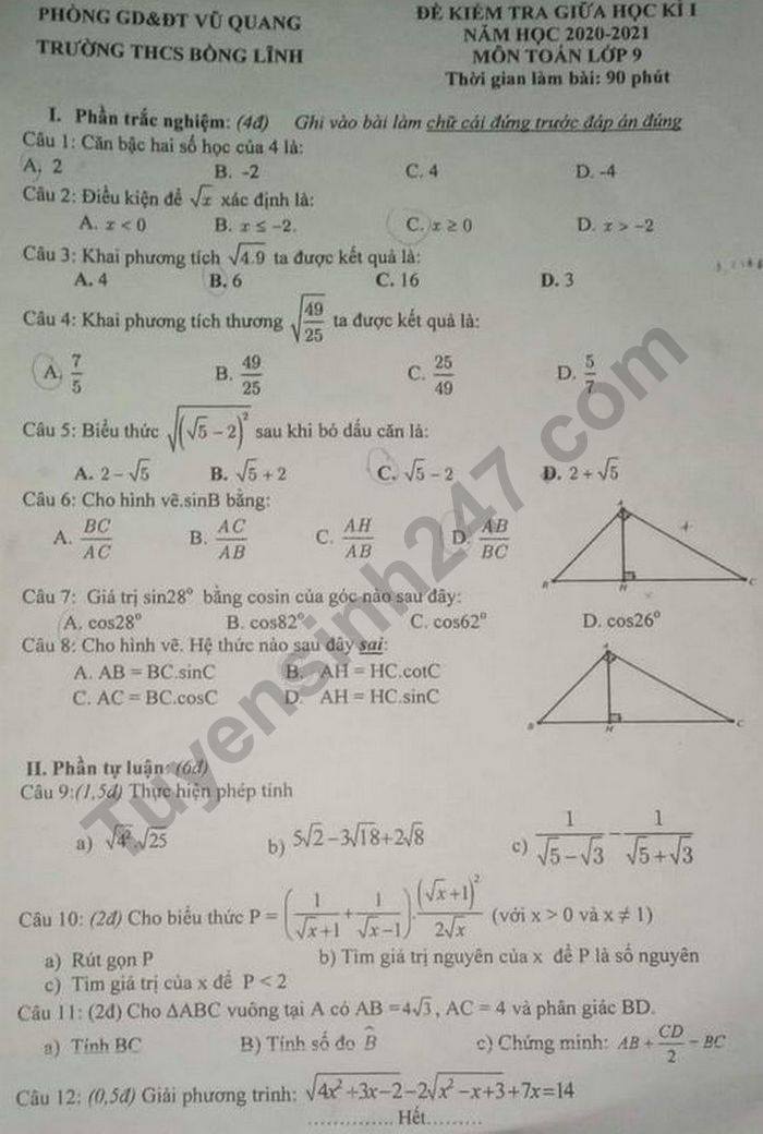 De kiem tra giua HK1 nam 2020 THCS Bong Linh mon Toan lop 9