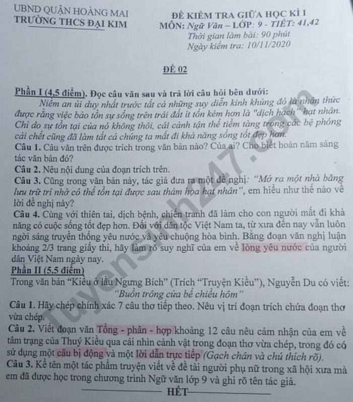 De kiem tra giua HK1 nam 2020 lop 9 THCS Dai Kim mon Van