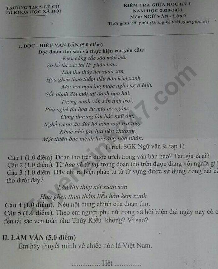 De kiem tra giua HK1 nam 2020 THCS Le Co mon Van lop 9