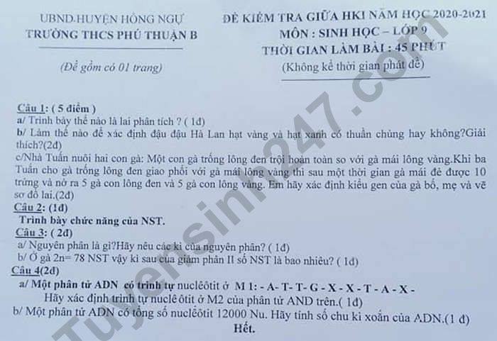 De kiem tra giua HK1 2020 lop 9 THCS Phu Nhuan B mon Sinh