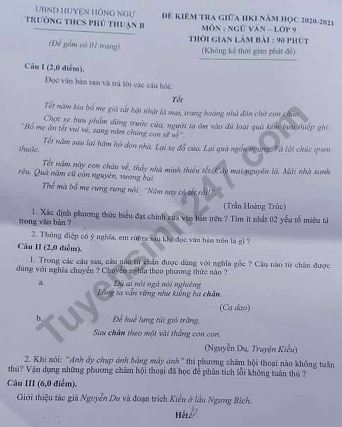 De kiem tra giua HK1 lop 9 mon Van THCS Phu Thuan B 2020