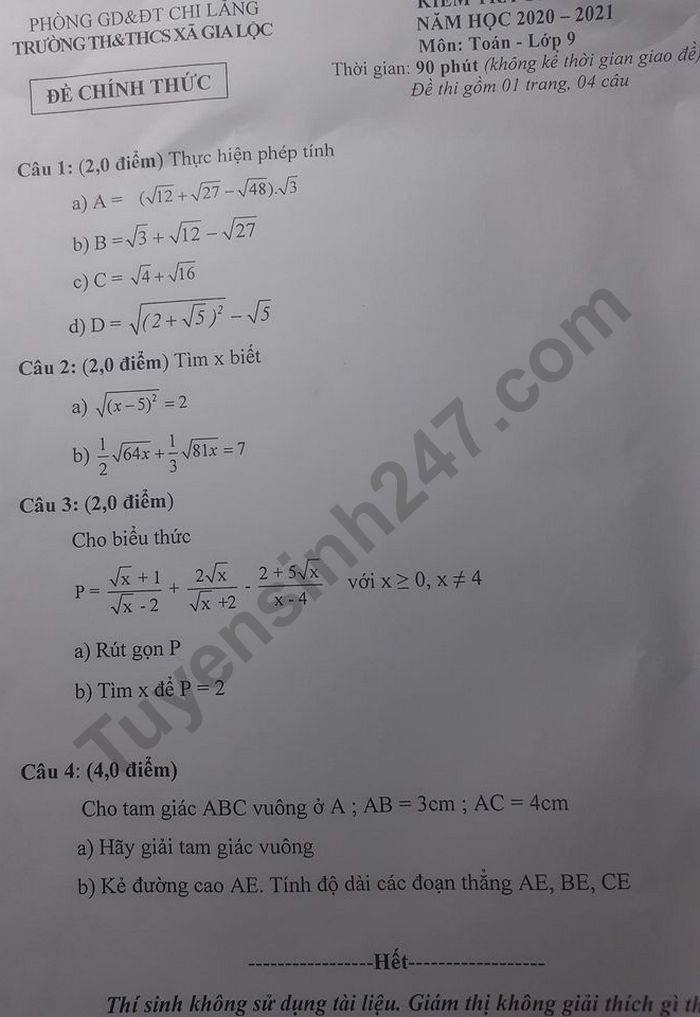 De kiem tra giua HK1 nam 2020 TH-THCS Xa Gia Loc mon Toan lop 9