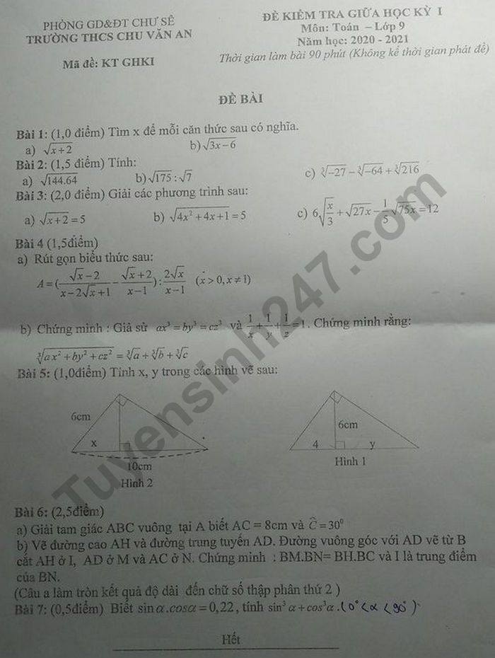 De kiem tra giua HK1 2020 THCS Chu Van An mon Toan lop 9