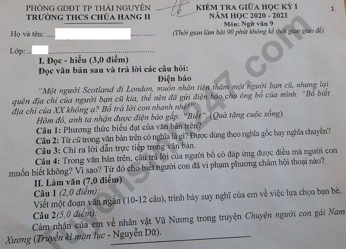 De kiem tra giua HK1 nam 2020 THCS Chua Hang II Van lop 9