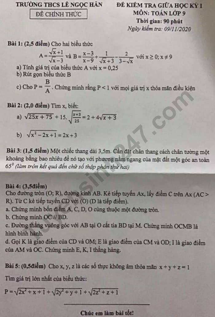 De kiem tra giua HK1 nam 2020 THCS Le Ngoc Han mon Toan lop 9
