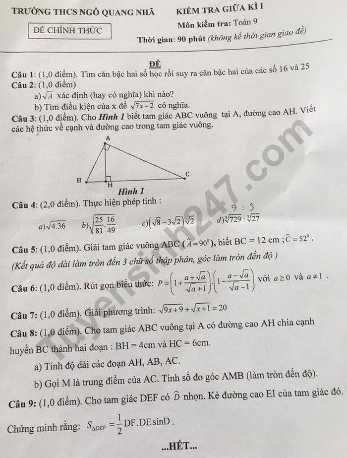 De kiem tra giua HK1 nam 2020 THCS Ngo Quang Nha Toan lop 9