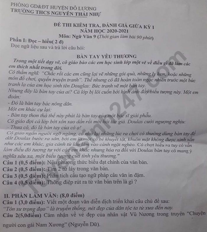 De kiem tra giua HK1 2020 THCS Nguyen Thai Nhu mon Van lop 9