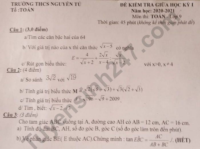 De kiem tra giua HK1 Toan lop 9 nam 2020 THCS Nguyen Tu