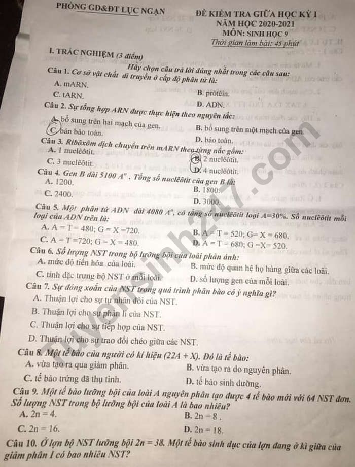 De kiem tra giua ki 1 mon Sinh lop 9 - Phong GD Luc Ngan 2020