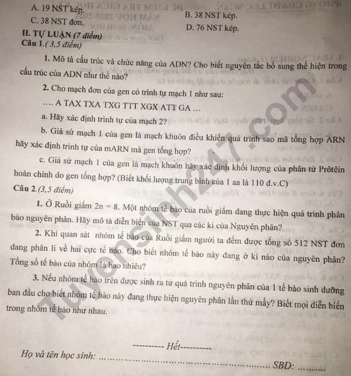 De kiem tra giua ki 1 mon Sinh lop 9 - Phong GD Luc Ngan 2020