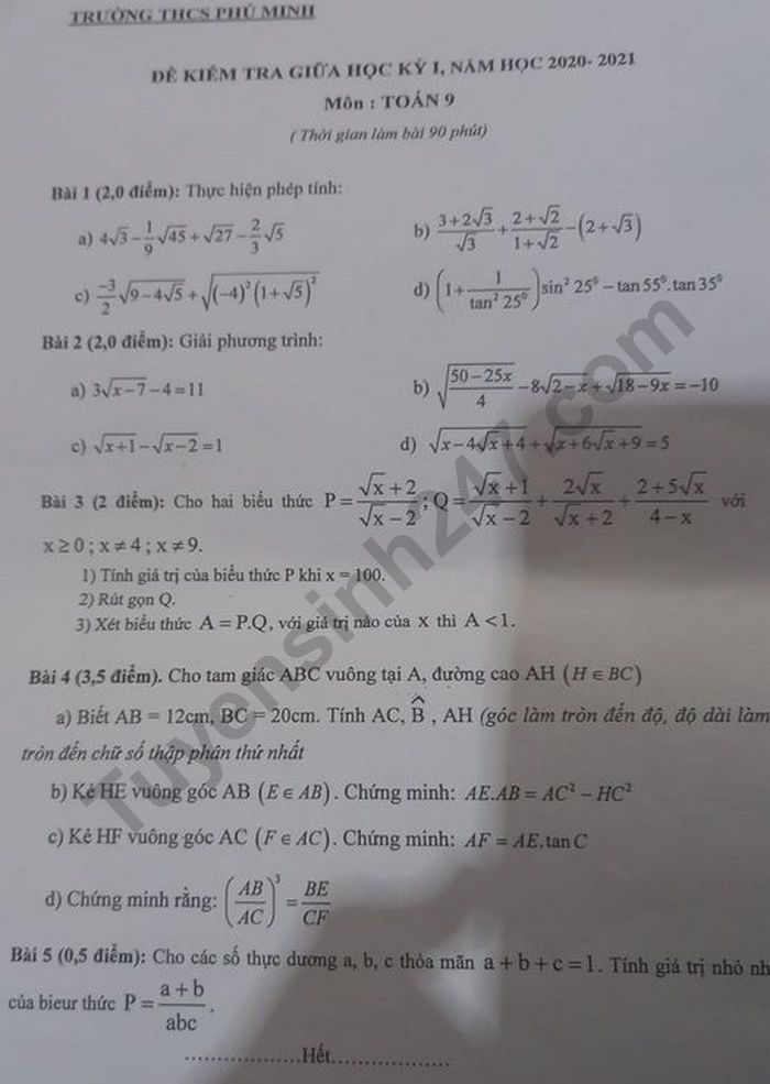 De kiem tra giua ki 1 mon Toan 9 THCS Phu Minh nam 2020