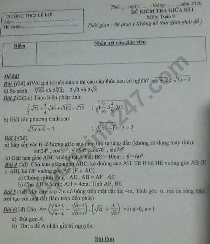 De kiem tra giua HK1 nam 2020 Toan lop 9 THCS Le Loi