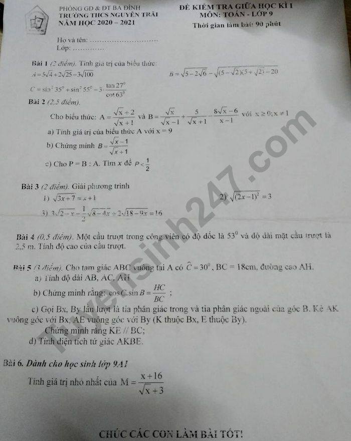 De kiem tra giua HK1 THCS Nguyen Trai mon Toan lop 9 nam 2020