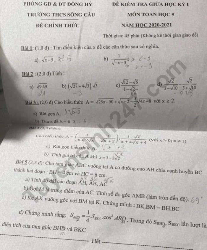 De kiem tra giua HK1 Toan lop 9 nam 2020 THCS Song Cau