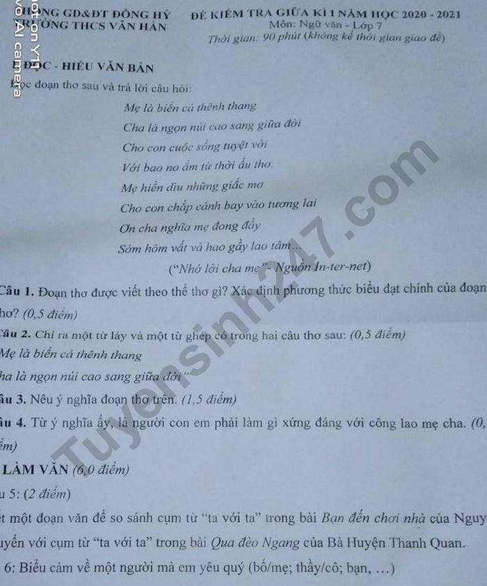 De kiem tra giua HK1 nam 2020 THCS Van Han mon Van lop 7