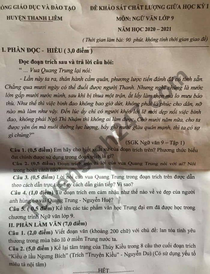 De kiem tra giua HK1 Van lop 9 nam 2020 huyen Thanh Liem
