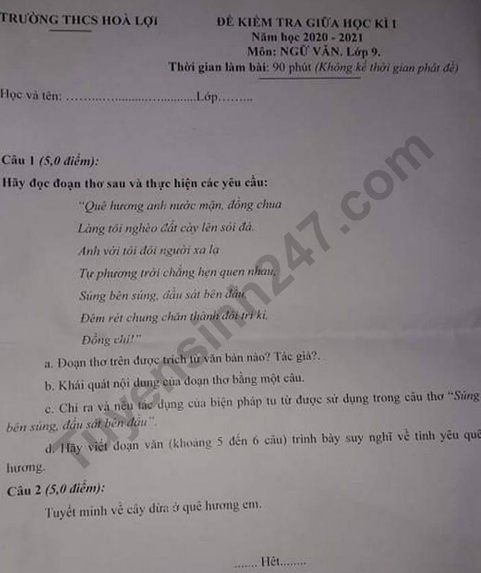 De kiem tra giua HK1 nam 2020 THCS Hoa Loi mon Van lop 9