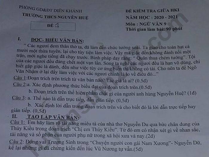 De kiem tra giua HK1 nam 2020 Van lop 9 THCS Nguyen Hue
