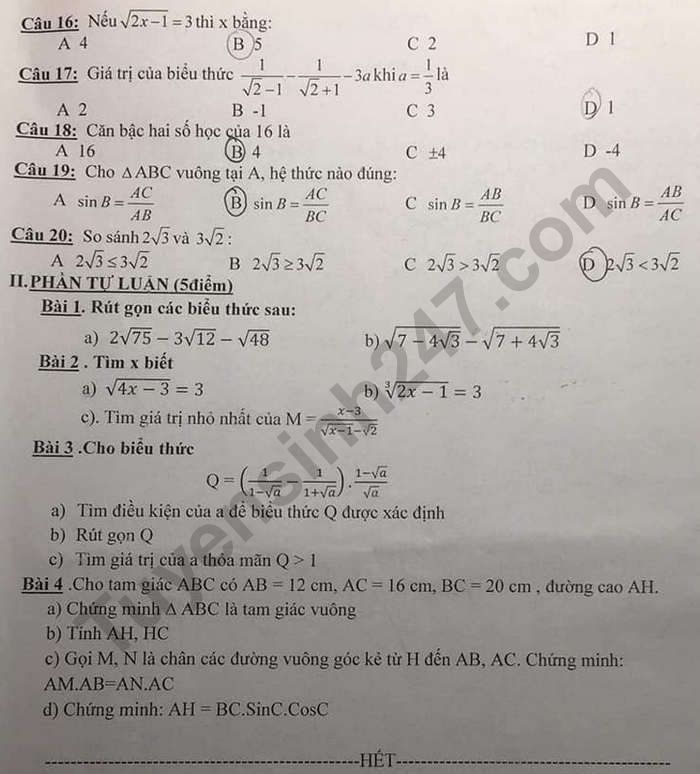 De kiem tra giua ki 1 nam 2020 mon Toan 9 - THCS TT Phuoc An