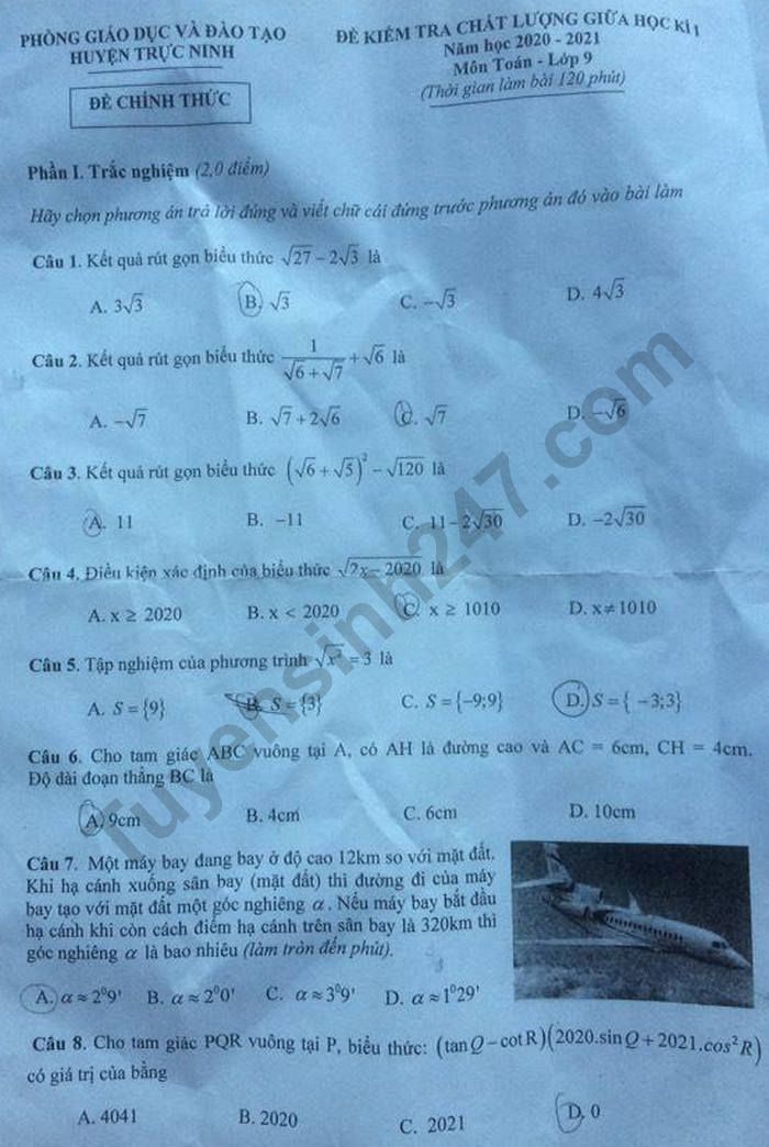 De kiem tra giua ki 1 lop 9 mon Toan huyen Truc Ninh 2020