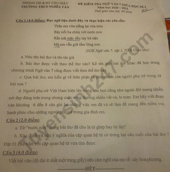 De kiem tra giua HK1 mon Van lop 7 nam 2020 - THCS Nghia Tan