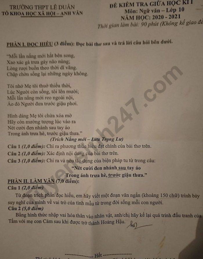 De kiem tra giua HK1 Van lop 10 nam 2020 THPT Le Duan