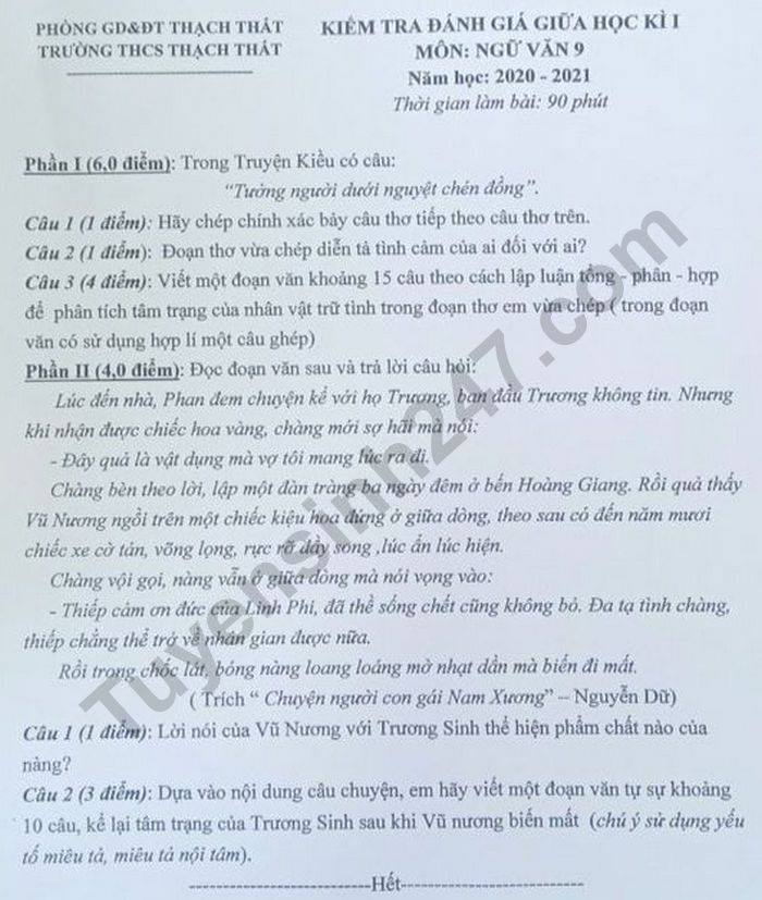 De kiem tra giua HK1 nam 2020 THCS Thach That mon Van lop 9