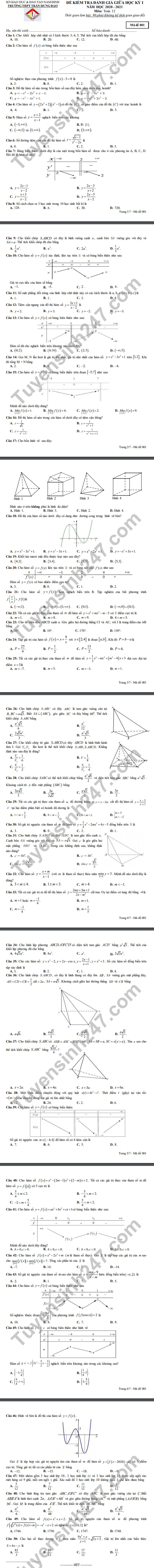 De kiem tra giua HK1 Toan lop 12 nam 2020 THPT Tran Hung Dao