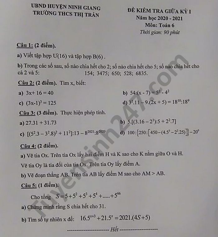 De kiem tra giua HK1 nam 2020 Toan lop 6 THCS TT Ninh Giang