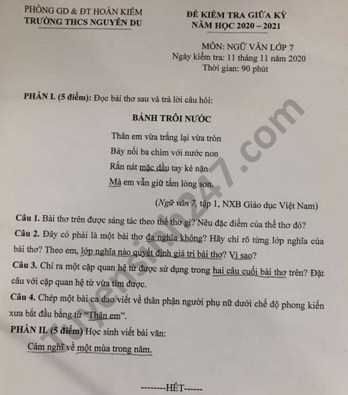 De kiem tra giua HK1 nam 2020 THCS Nguyen Du mon Van lop 7