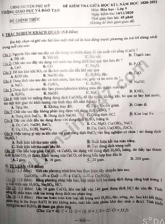 De kiem tra giua HK1 nam 2020 huyen Phu My mon Hoa lop 9