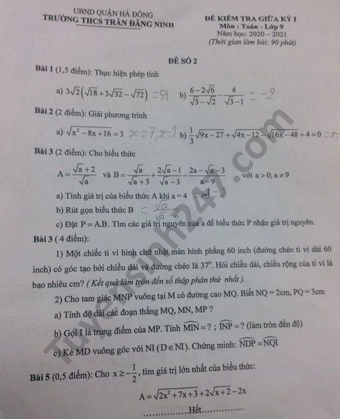 De kiem tra giua HK1 nam 2020 THCS Tran Dang Ninh Toan lop 9