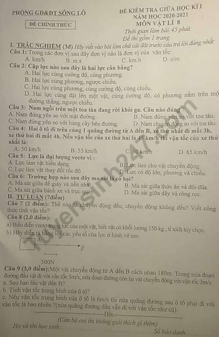 De kiem tra giua ki 1 nam 2020 Phong GD Song Lo mon Vat Li 8