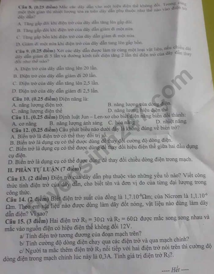 De kiem tra giua ki 1 nam 2020 mon Vat Li 9 THCS Tan Long