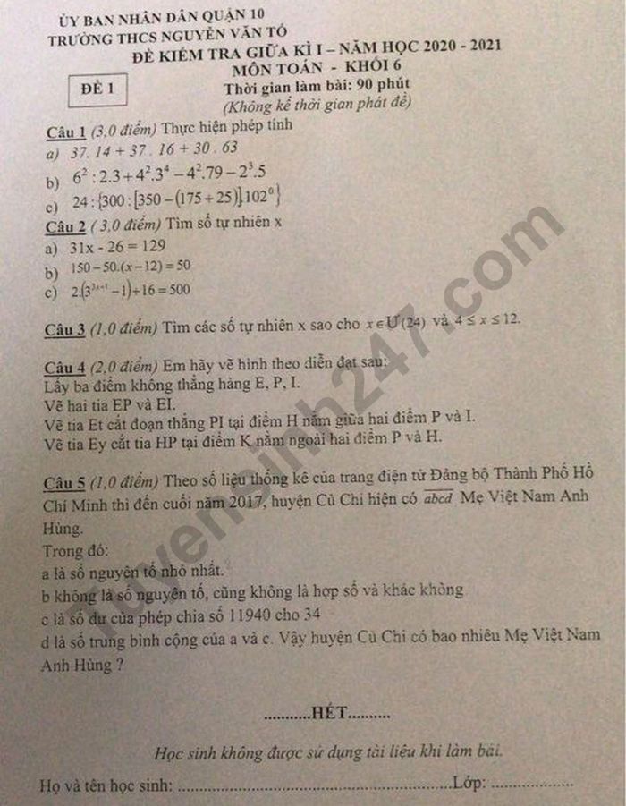 De kiem tra giua ki 1 nam 2020 lop 6 mon Toan THCS Nguyen Van To