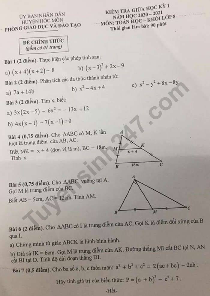 De kiem tra giua HK1 mon Toan lop 8 nam 2020 huyen Hoc Mon