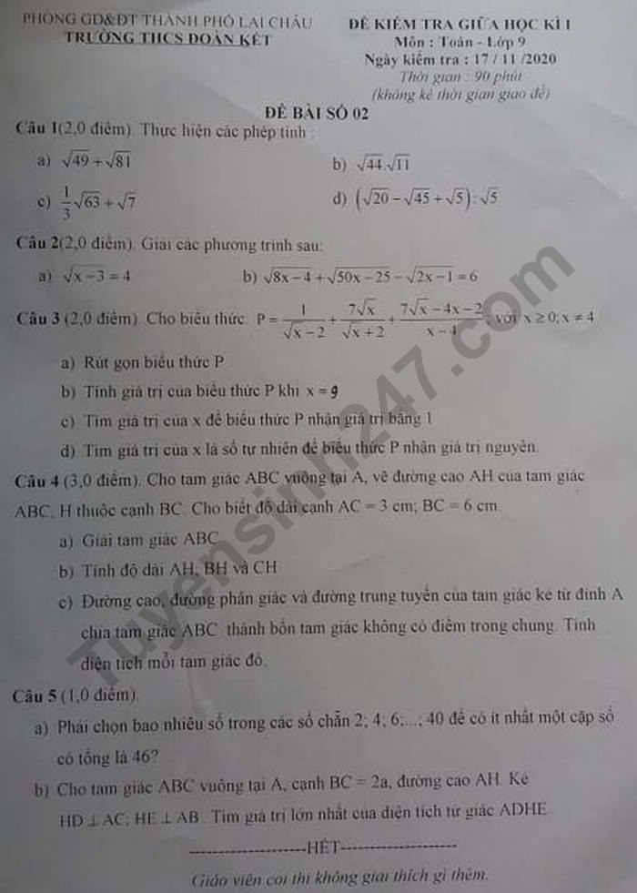 De kiem tra giua HK1 nam 2020 THCS Doan Ket mon Toan lop 9
