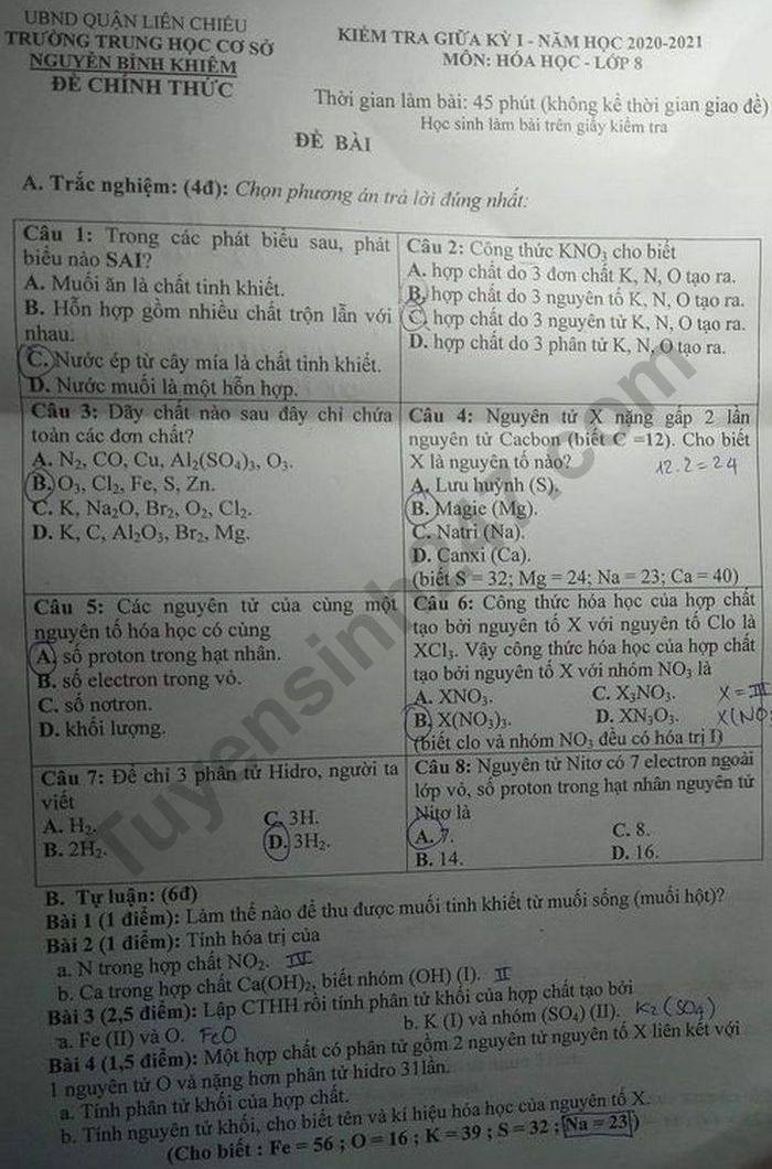 De kiem tra giua HK1 Hoa lop 8 THCS Nguyen Binh Khiem 2020