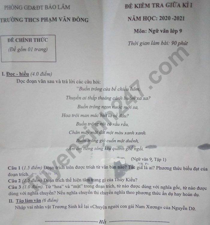 De kiem tra giua HK1 nam 2020 Van lop 9 THCS Pham Van Dong