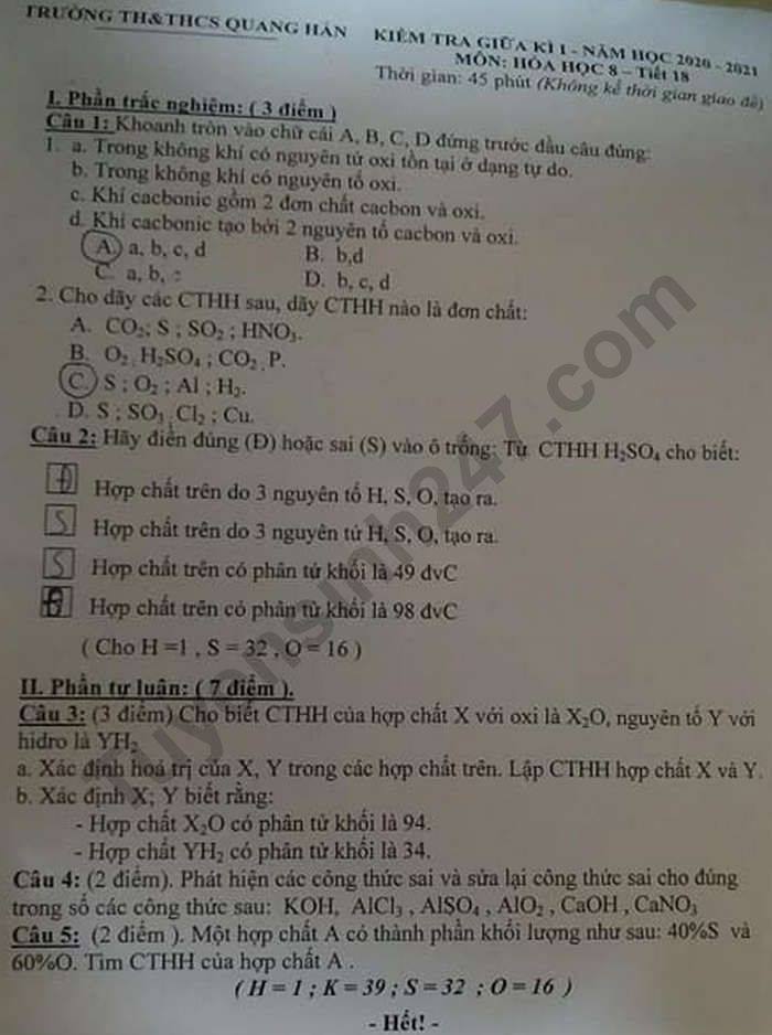 De kiem tra giua HK1 nam 2020 TH-THCS Quang Han mon Hoa lop 8