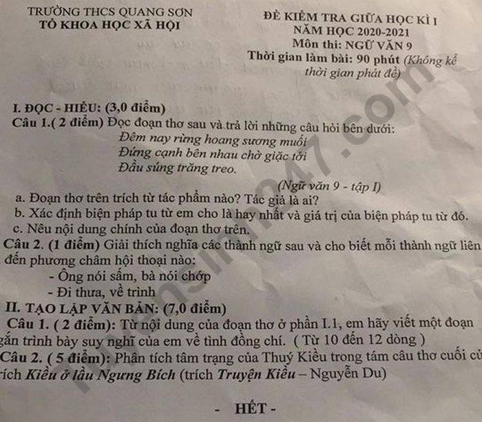 De kiem tra giua HK1 nam 2020 THCS Quang Son mon Van lop 9