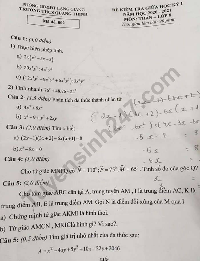 De kiem tra giua HK1 nam 2020 THCS Quang Thinh Toan lop 8
