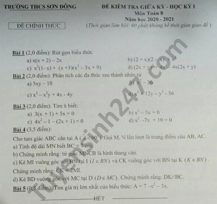De kiem tra giua HK1 nam 2020 THCS Son Dong mon Toan lop 8
