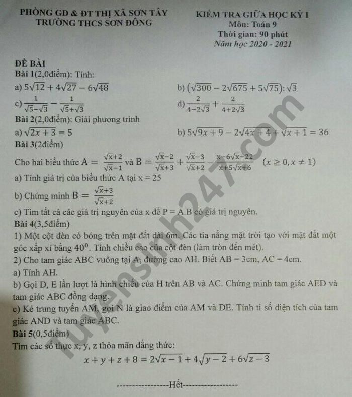 De kiem tra giua HK1 nam 2020 Toan lop 9 THCS Son Dong